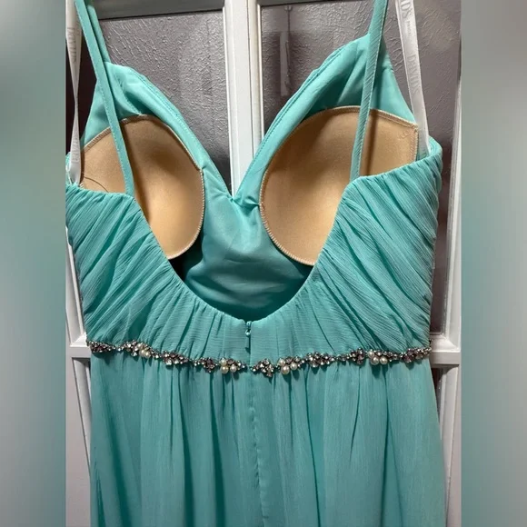 NWOT David’s Bridal Aqua with Rhinestone Belt Bridesmaid Dress - Picture 14 of 16